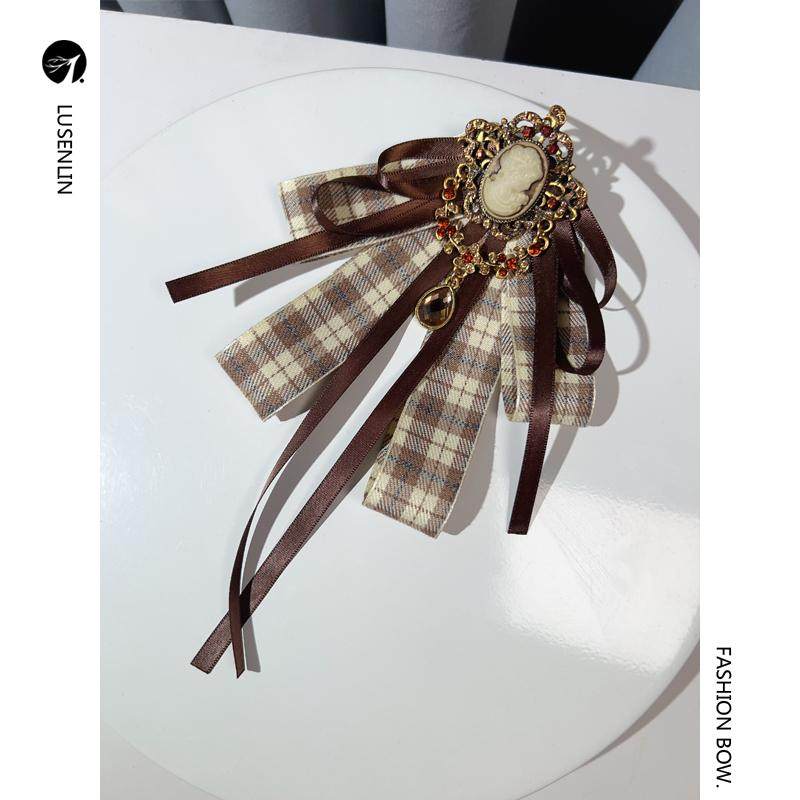 New British-style cute plaid coffee brown preppy style retro bow brooch/tie for women.