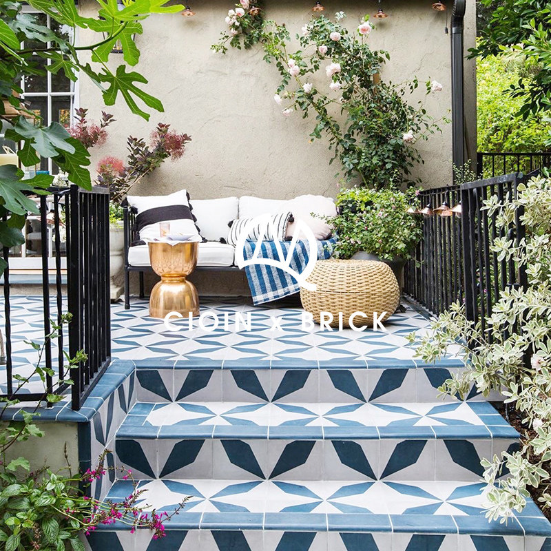 Nordic Wind Retro Blue Flower Brick Courtyard Kitchen Make-up Room Floor Tiles Non-slip Balcony Garden Tile Floor Tiles 300