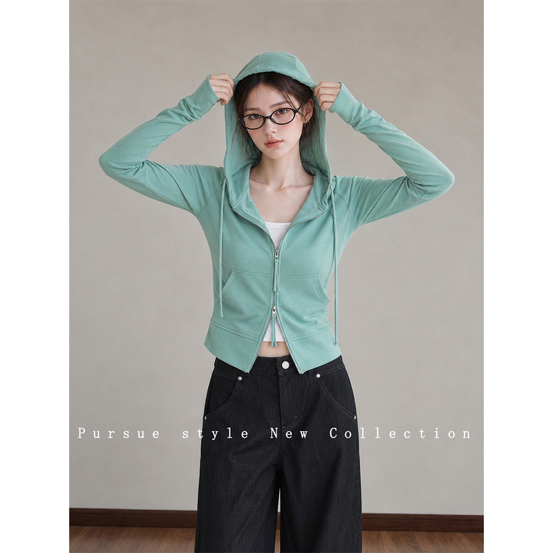 [Misty Green] Mint Green Sweatshirt Jacket for Women, Autumn Outfit, Short Hooded Cardigan, Slim Fit Sports Top