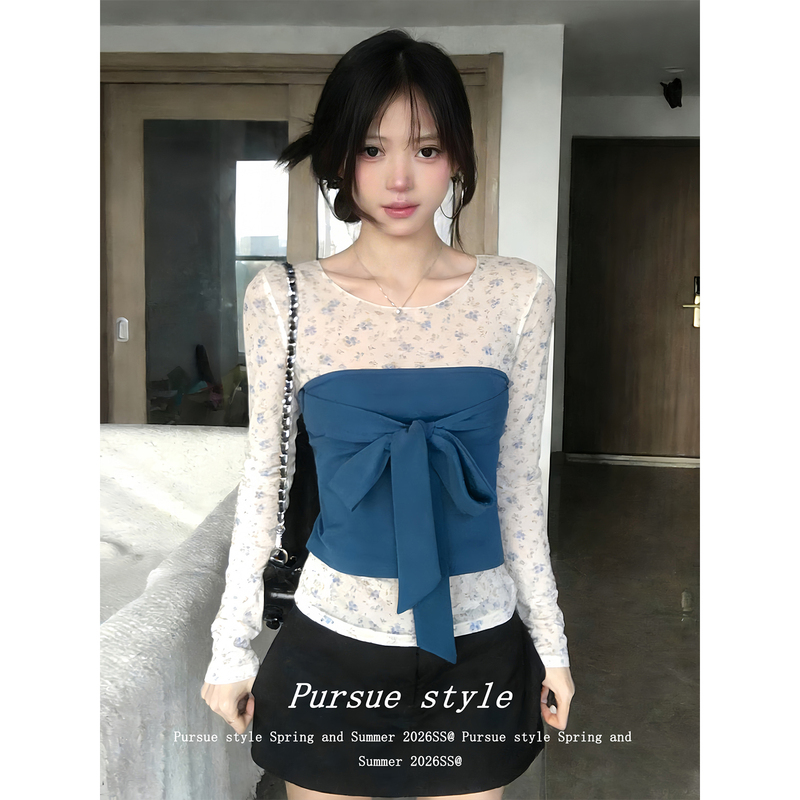 [See-Through Sexy] Miu Miu Style Outfit Set for Women, Early Spring Floral Long-Sleeve T-Shirt, Tube Top Layered Top