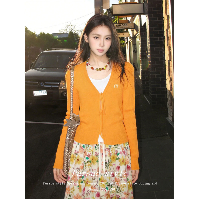 【Sunset Glow】Thin and Beautiful Knitted Cardigan for Women, Spring Season, Orange Long-Sleeve New Style, Slimming Tie-Up Top, Trendy 【Sunset Glow】Thin and Beautiful Knitted Cardigan for Women, Spring Season, Orange Long-Sleeve New Style, Slimming Tie-Up Top, Trendy