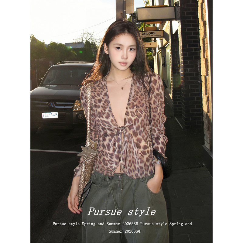 【Wild Style】Stunning Leopard Print Shirt for Women, New Summer Tie-Strap Blouse with French Textured Slight Sheer Design
