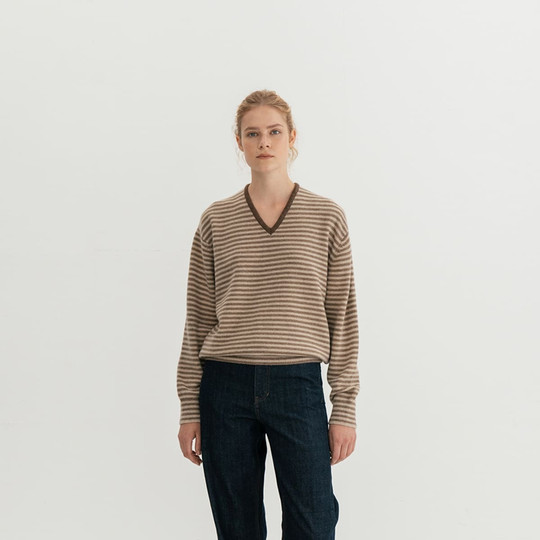 Moondal Korean Striped Sweater 24 Autumn and Winter Knitted Pullover Loose V-Neck Wool Sweater for Women