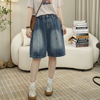 Fashionable Summer A-Line Wide-Leg Pants for Women, Semi-Elastic Waist, Loose Fit, Slimming Five-Point Jeans 86155