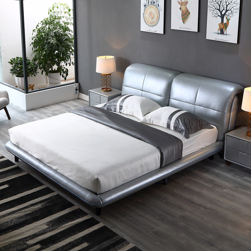 Leather bed leather bed double head layer cowhide fashion master bedroom modern minimalist atmosphere 2 2 2 meters 1 8 king bed wedding bed