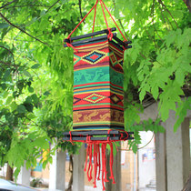 Wooden frame printed lantern Yunnan Shangri-La Tibetan characteristic lampshade bar restaurant decoration linen fabric palace lantern