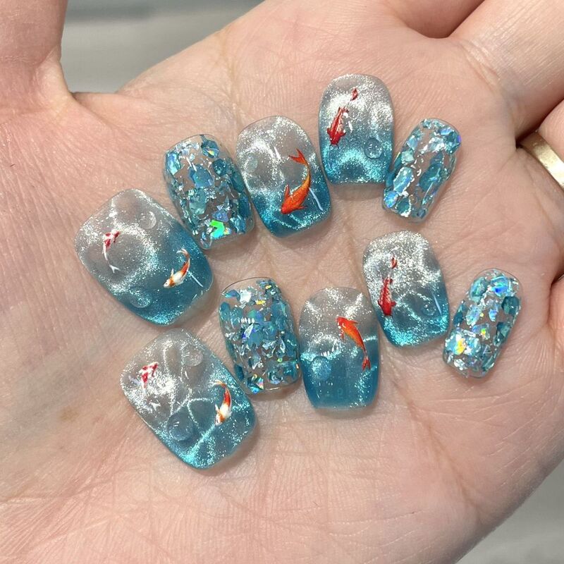 Original Little Fish Koi Bubble 2.0 Edition Cat Eye Whitening Summer Goldfish Blue Advanced Three-Dimensional Handmade Wearable Nails
