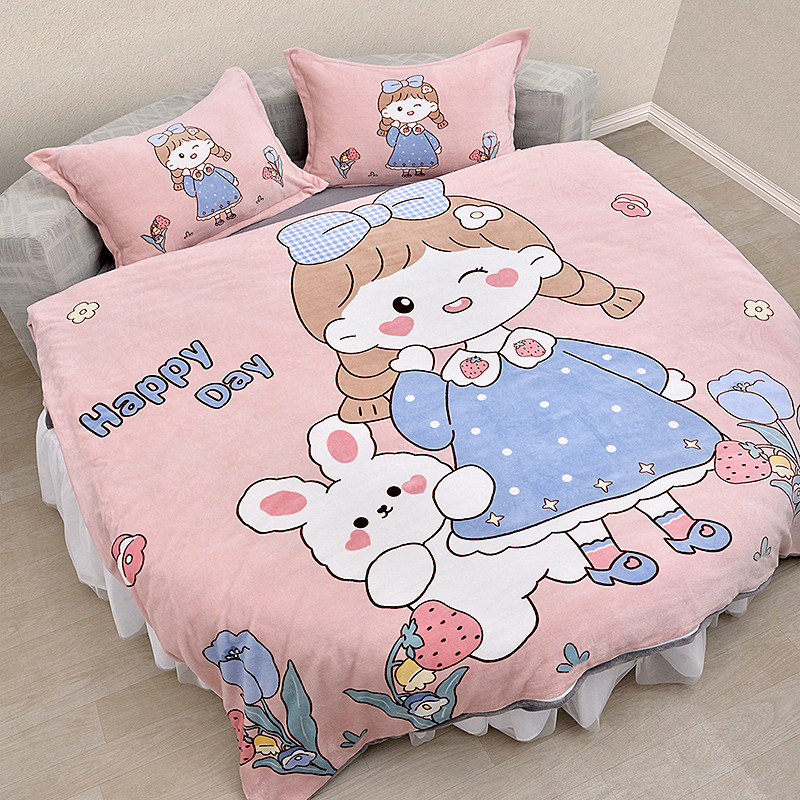 22 winter warm new round bed four-piece set coral fleece thickened bed skirt round bedding kit custom lace edge powder