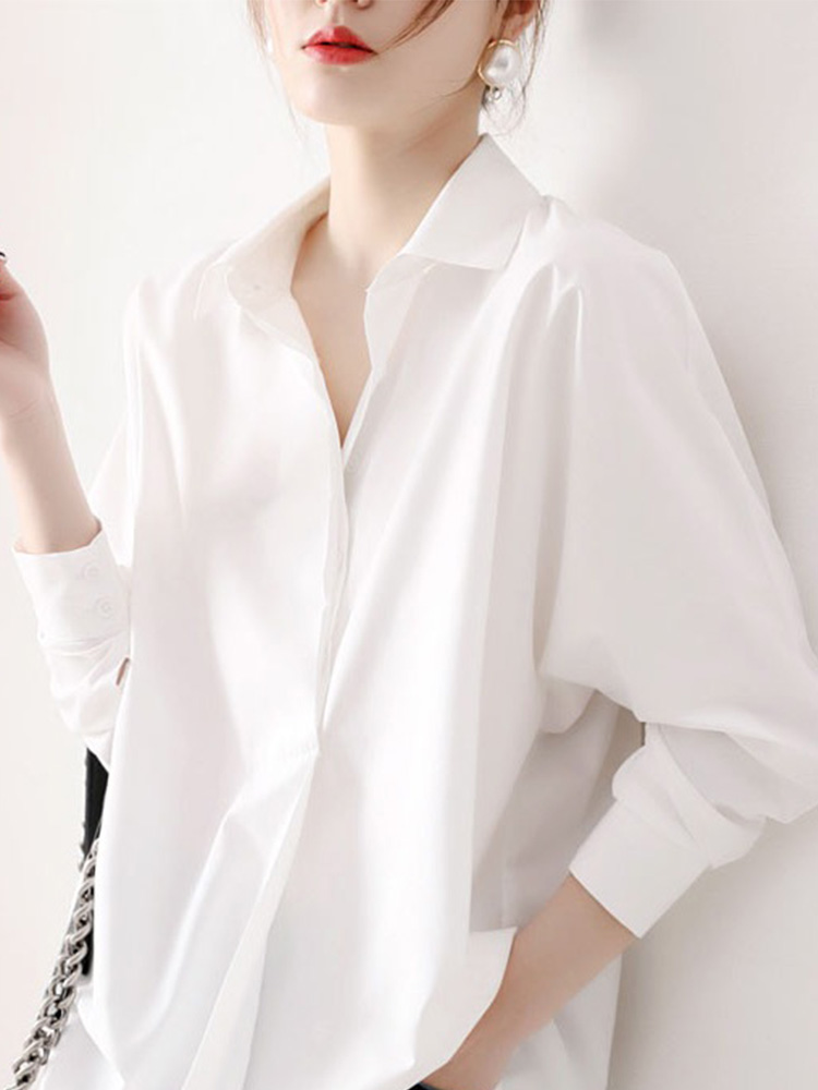 Japanese white shirt women's spring and autumn silk satin long-sleeved top loose hanging feeling fashion foreign professional shirt tide