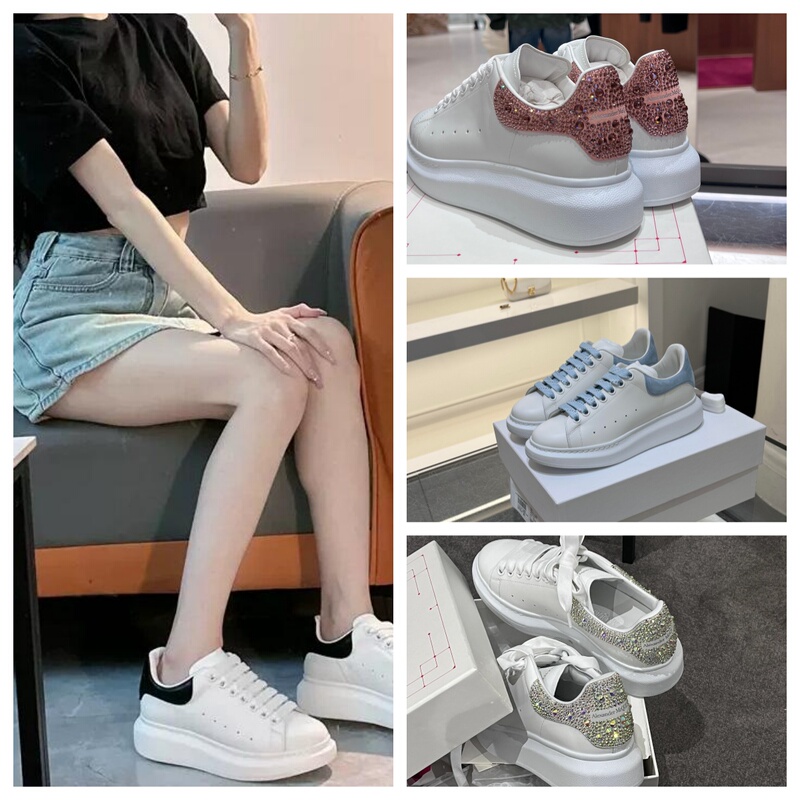 In-Stock Mcqueen Classic Black-Tipped White Sneakers for Women, Haze Blue Laser Thick-Soled Height-Increasing Casual Sports Shoes for Men