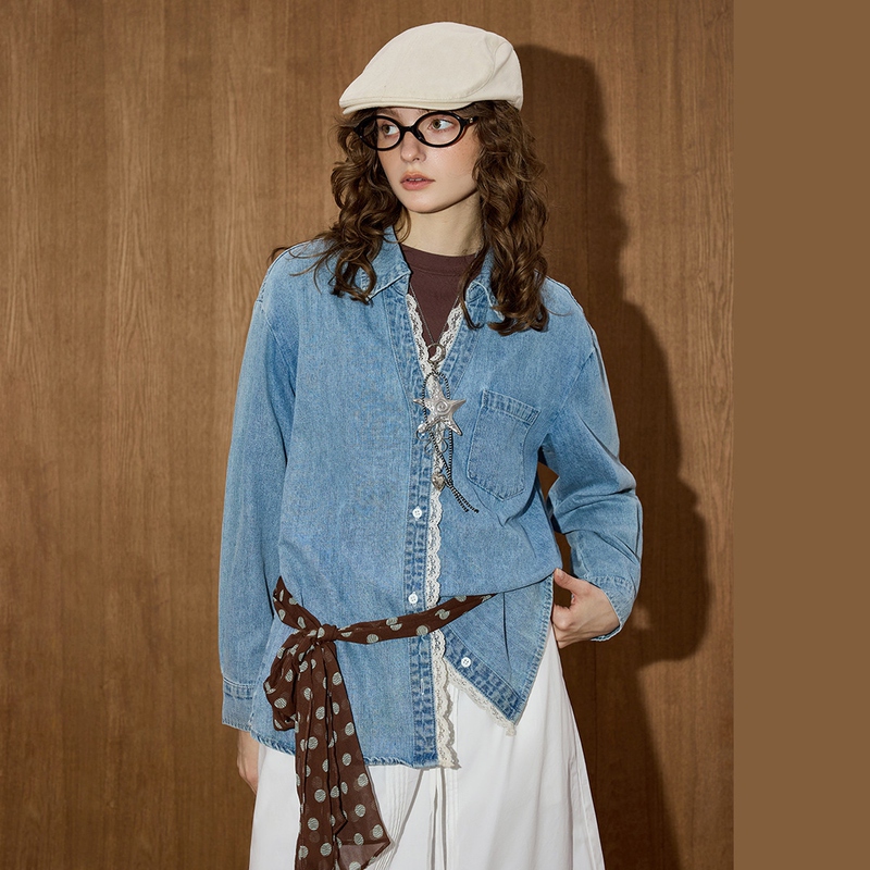 Clearance! Coolhut Fresh and Youthful Long-Sleeved Denim Lace Blouse with Asymmetrical Placket Design for Women Clearance! Coolhut Fresh and Youthful Long-Sleeved Denim Lace Blouse with Asymmetrical Placket Design for Women