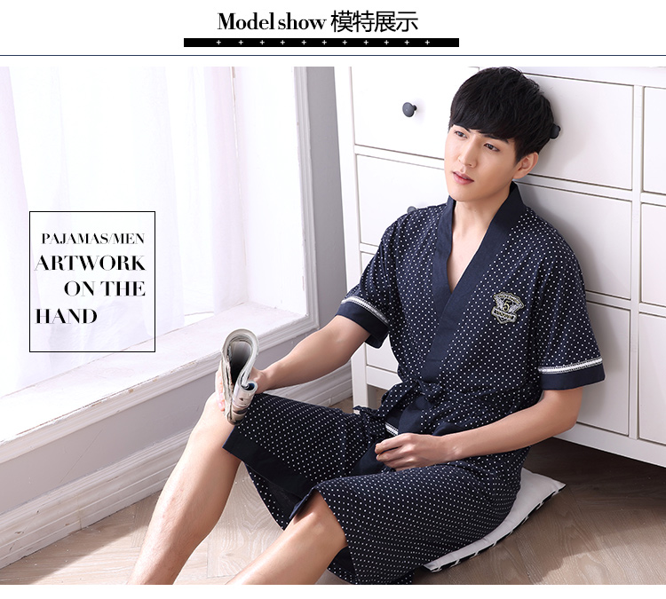 XL mặc áo choàng nam cotton mùa hè ngắn tay áo choàng tắm trong phần dài của cotton yukata cộng với chất béo trẻ và mỏng áo ngủ 2 dây
