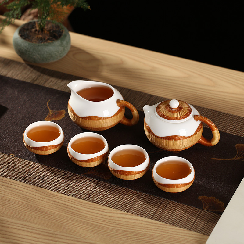 Light Luxury Intangible Cultural Heritage Handmade Bamboo Weaving Bamboo Silk Buckle Porcelain Tea Set Bamboo Tea Set Teapot Xishi Set Gift Tea Brewing Pot Gift Box