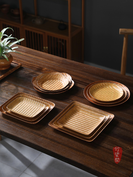 Chinese Style Handmade round Fruit Plate Living Room Home Bamboo Woven