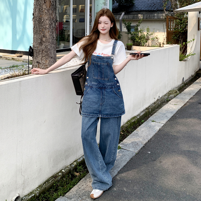 2026 Summer New Korean Style Denim Fake Two-Piece Overalls Skirt Style Women's Loose Slimming Wide-Leg Jumpsuit