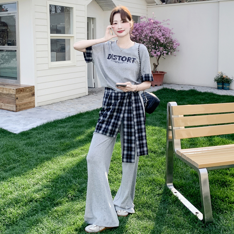 Korean Style Letter Print T-Shirt and Plaid Patchwork Wide-Leg Pants Set for Women, 2026 Summer New Slimming Two-Piece Set