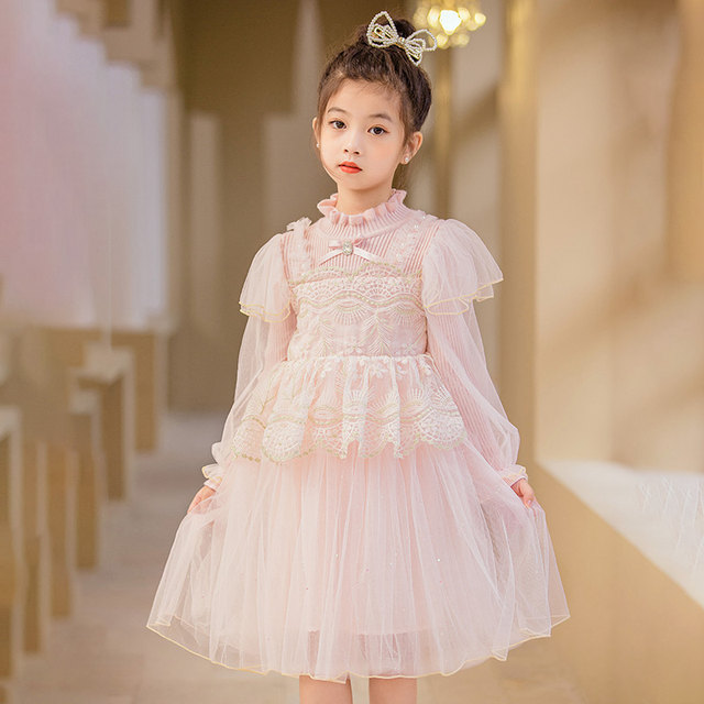 Girls autumn and winter mesh sweater skirt 2022 Korean version knitted long-sleeved children's girls new princess dress