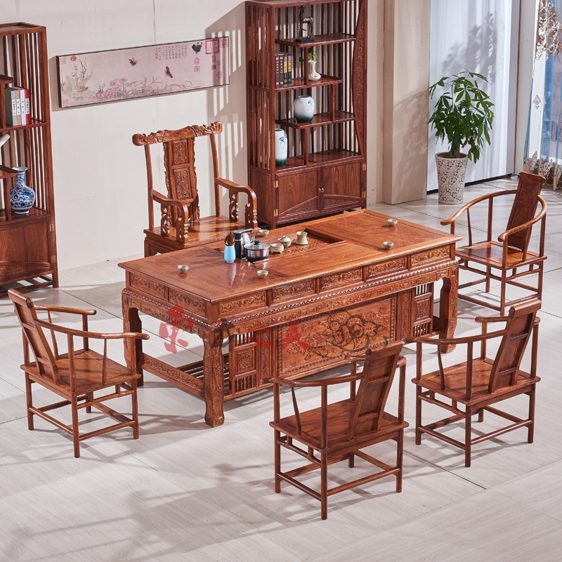 Red wood tea table tea table chair group of Chinese style solid wood power tea table tea table tea art flower pear wood hedgehog purple sandalwood desk