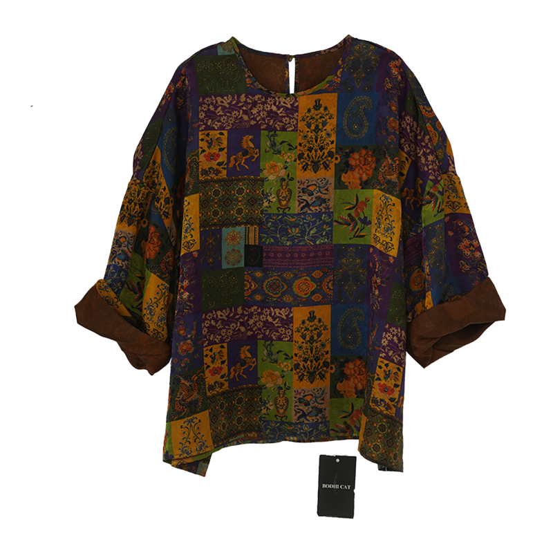 Bodhlcat Intangible Cultural Heritage Xiangyun Silk Contrasting Print Top Baijia Cloth Square Paisley Pattern Hemmed Short-Sleeve Shirt