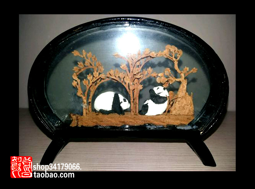 (Old Objects Decoration Craft Gift Swaying decoration) 80s Fujian featured cork painting Panda Play Bamboo Small swing piece