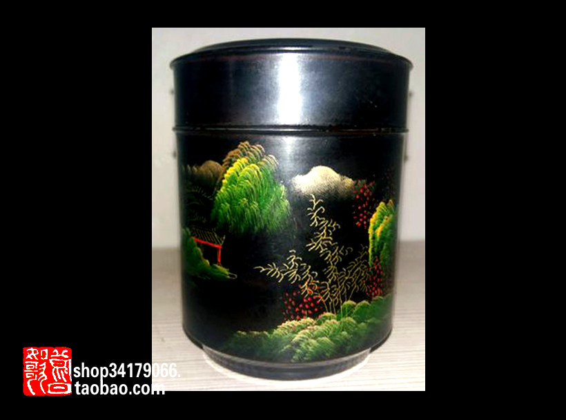 (Old Objects Decoration Craft Gift Hem) 80s Wood-tire painted landscape lacquerware tea leaf jars