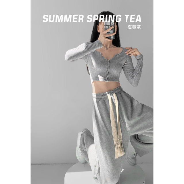 Summer Spring Tea American Autumn and Winter Wide Leg Pants Spring and Autumn Drawstring Casual Thin Pants High Waist Drape Sports Pants