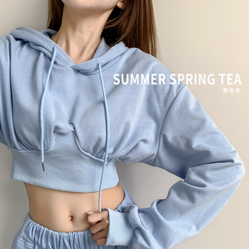 Summer spring tea European and American short hooded sweater female jazz hip-hop drawstring loose and thin waist sports crop top