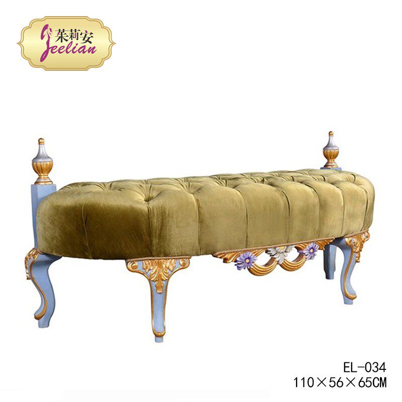 Yi Lian Family European Italian retro romantic blue purple carved heavy industry hand-painted French solid wood Golden yellow bed tail stool
