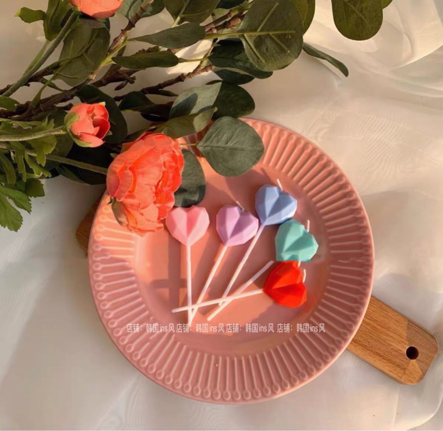 Korea ins color romantic diamond love birthday cake candle macaron color heart-shaped candle