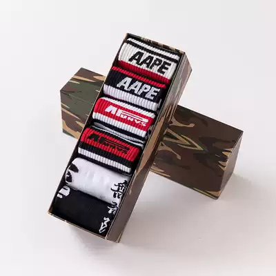 Six pairs of ape-man head tide brand men's mid-tube socks letter cotton comfortable men's socks contrast stitching personality stockings