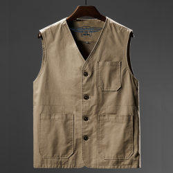 Dad's vest men's spring and autumn large size pure cotton multi-pocket vest vest for the elderly V-neck vest men's buckle