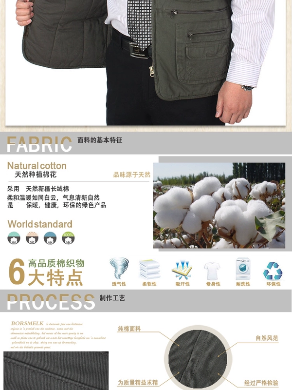 Mùa đông bông độn bông trung niên giặt vest vest nam nhiều túi câu cá chụp ảnh vest