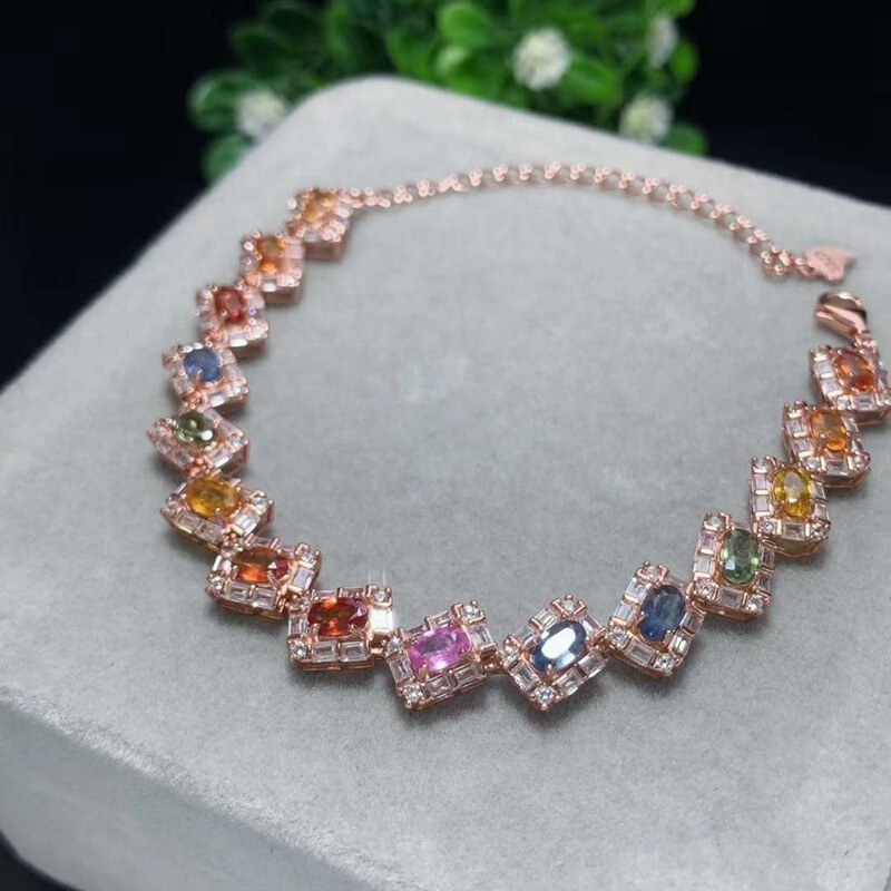 925 Silver Colorful Sapphire Bracelet Natural Rainbow Gradient Sapphire Pink Sapphire Silver Bracelet