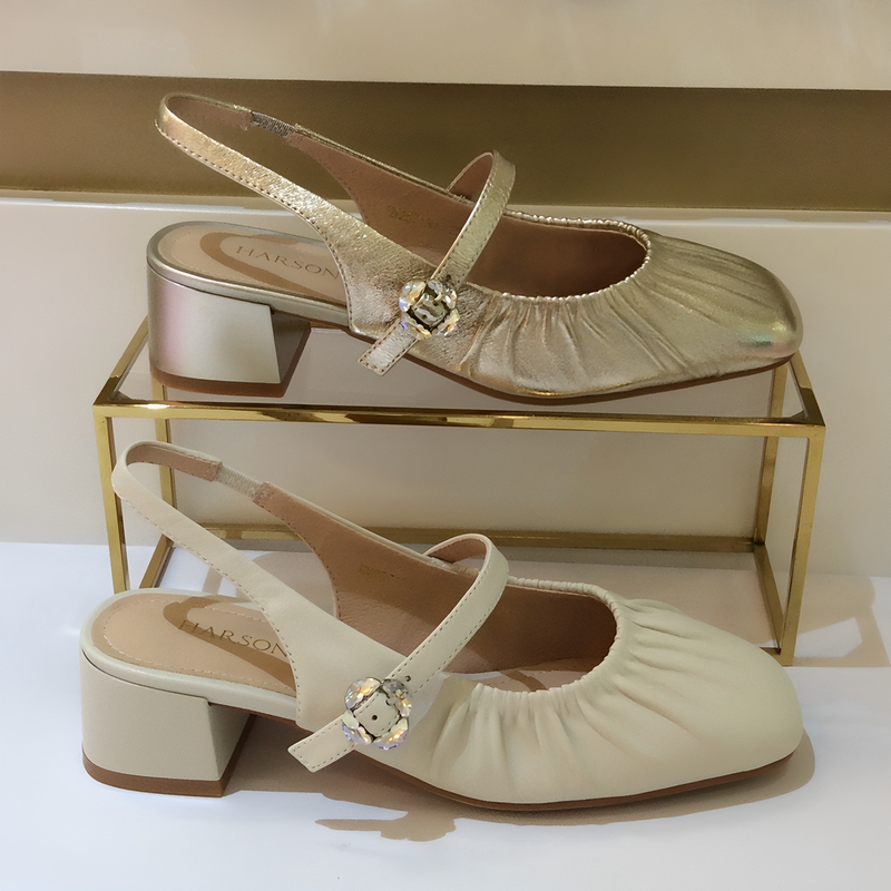 Harson Genuine 2025 Summer New Style Medium Thick Heel Open Back Elastic Band Genuine Leather Women's Sandals Hm257130