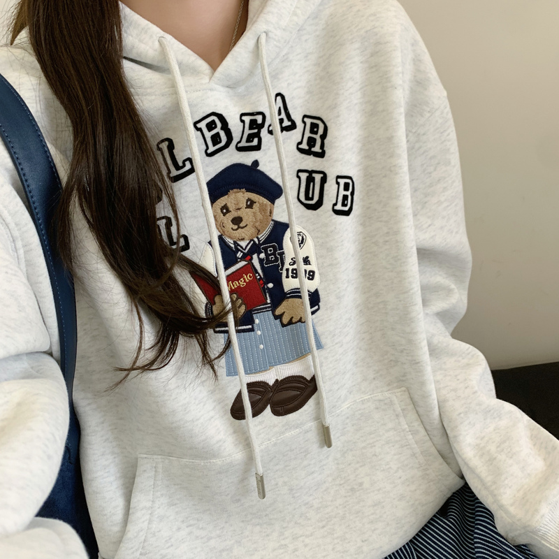 Bear Tribe Reading Bear Heavy Embroidery Autumn and Winter Women's Hooded Sweatshirt 88003