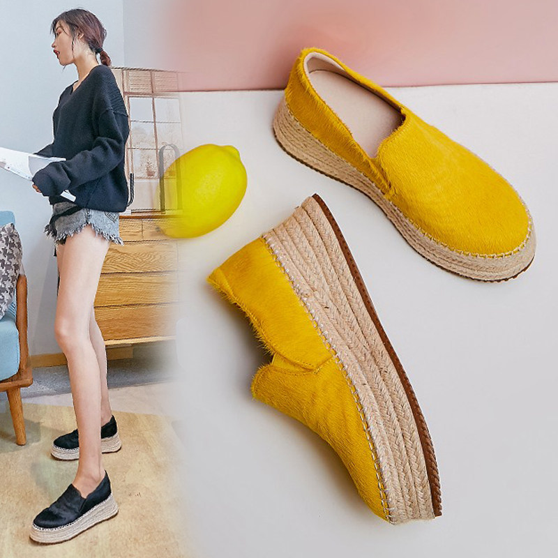 Hong Kong Grass Choreography Fisherman Shoes Woman 2022 Spring New Leather Wedge Type Single Shoes One Foot foot Lazy Shoes Thick Bottom Pine Pastry Shoes