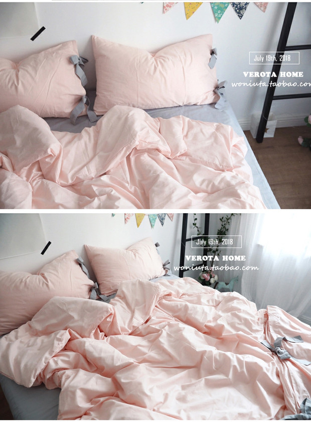 [Tháp] ốc màu hồng cộng với Ruffles xám dây đeo trang trí bông trang bị tấm gia đình bốn - Bộ đồ giường bốn mảnh chăn ga gối đệm giá rẻ