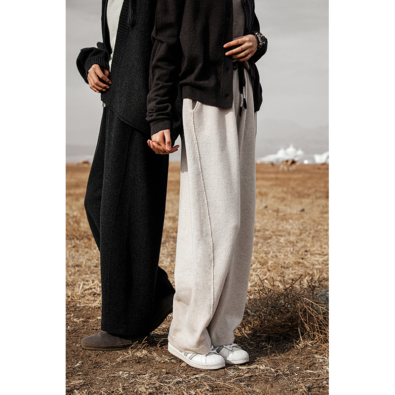 Runbo Knitted Cashmere Autumn/Winter High-Waisted Versatile Cashmere Pants for Women, Figure-Flattering Color-Block Belt Banana Pants