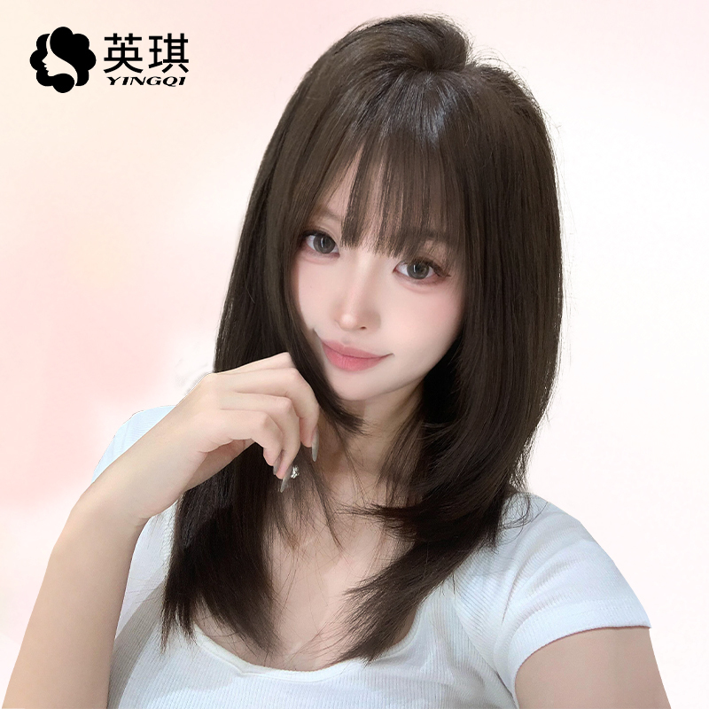 Yingqi Wig for Women, Medium-Length Hair, Lightweight Lace, Air Bangs, Fluffy Natural Collarbone-Length Hair, Full Real Human Hair Full Wig