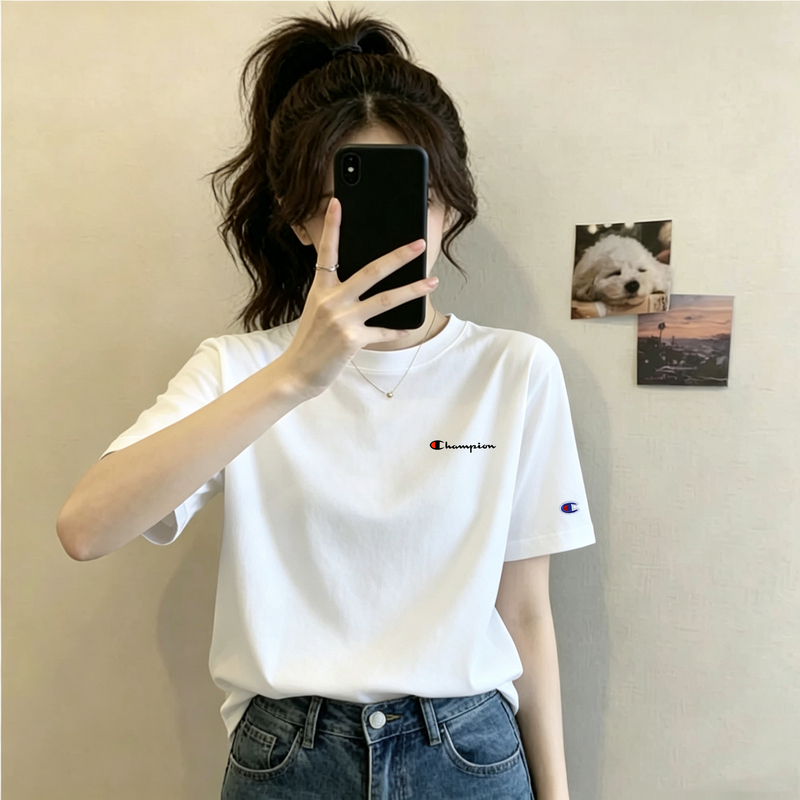Japanese Version Champion White Crew Neck Short-Sleeve T-Shirt for Women, Summer Pure Cotton Loose Simple Casual Basic Style Regular Shoulder Top Japanese Version Champion White Crew Neck Short-Sleeve T-Shirt for Women, Summer Pure Cotton Loose Simple Casual Basic Style Regular Shoulder Top