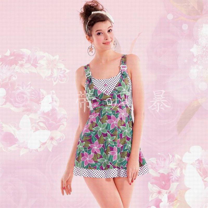 Clear Barn Wadei Hot Springs Conservative conspicuos Breasted Wave Spot Swimsuit Women's Dress Style 94612 Purple Green