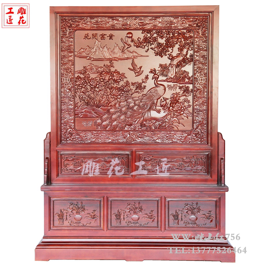 Chinese style seat screen Antique box Flower rich solid wood carved plug-in screen Living room bedroom entrance partition Floor-to-ceiling screen