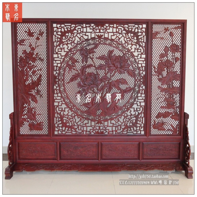 Dongyang wood carving hollow solid wood mahogany screen plug-in screen Floor-to-ceiling screen Entrance partition Chinese antique flowers bloom rich