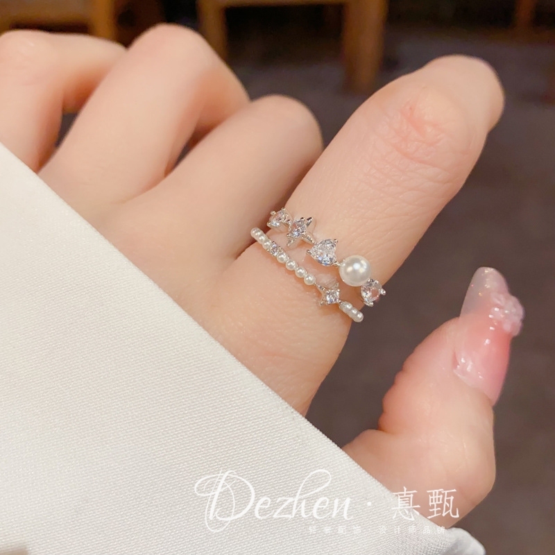 Niche Fashion Minimalist Design Diamond-Encrusted Pearl Double-Layer Open Ring, Unique Light Luxury Versatile Index Finger Ring Accessory