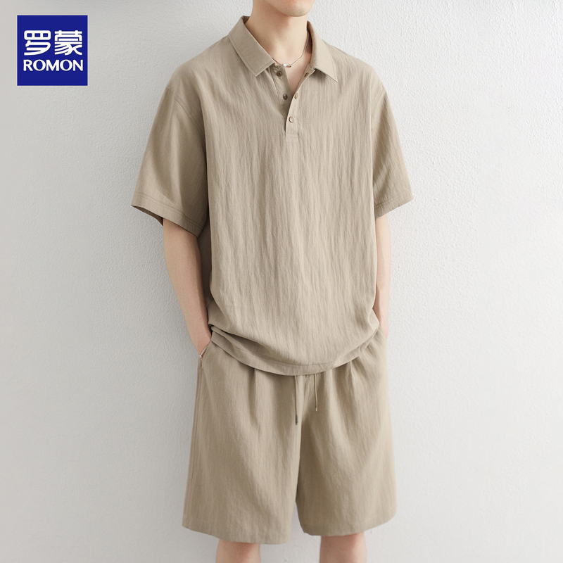 Romon American-Style Trendy Brand Old Money Style Linen Short-Sleeve Polo Shirt Set for Men, Summer Casual Shorts Complete Set Romon American-Style Trendy Brand Old Money Style Linen Short-Sleeve Polo Shirt Set for Men, Summer Casual Shorts Complete Set