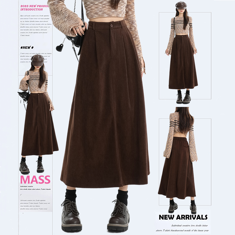 Mass Melard Coffee-Colored Corduroy High-Waisted A-Line Skirt for Women 2025 Autumn and Winter New Slimming Mid-Length Skirt