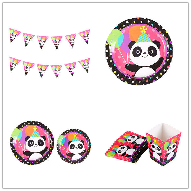 Panda theme party disposable tableware birthday hat paper cup plate pull flag dessert table arrangement push music sticker