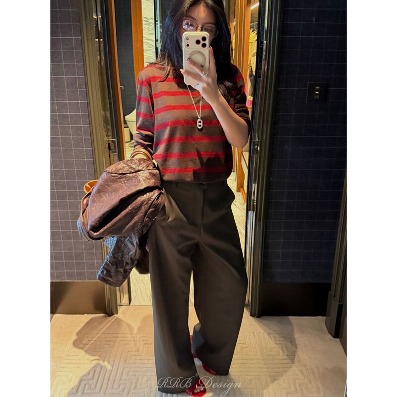 Rrb Design Modal Cashmere Blend Round Neck Retro Stripesd Color-Blocked Long-Sleeved Sweater