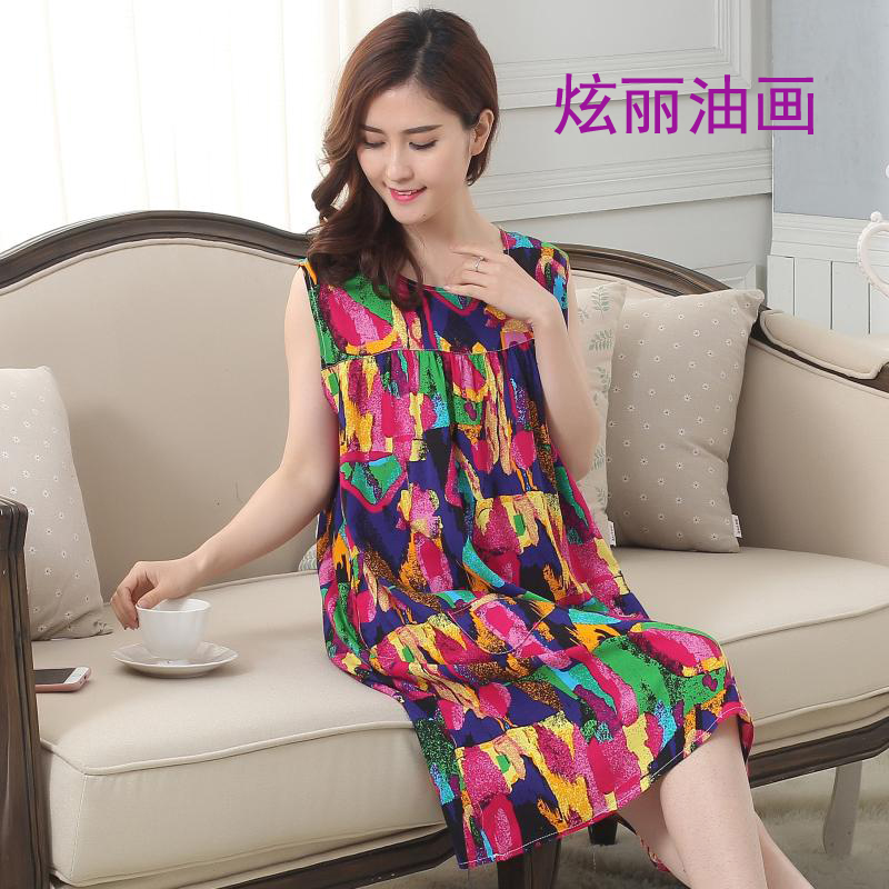 Nightdress nữ mùa hè bông lụa đồ ngủ mẹ bông lụa nightdress nhà dịch vụ trung và cũ tuổi xl nhân tạo bông thai sản váy