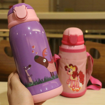 Childrens double lid insulation pot with cup set primary school students portable vacuum stainless steel creative cartoon large capacity suction tube Cup